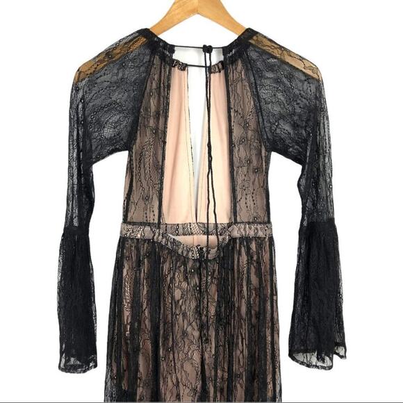 Whyte Eyelash Skirted Maxi Black Lace Sheer Romper Deep V-neck bell sleeves S - Picture 10 of 16